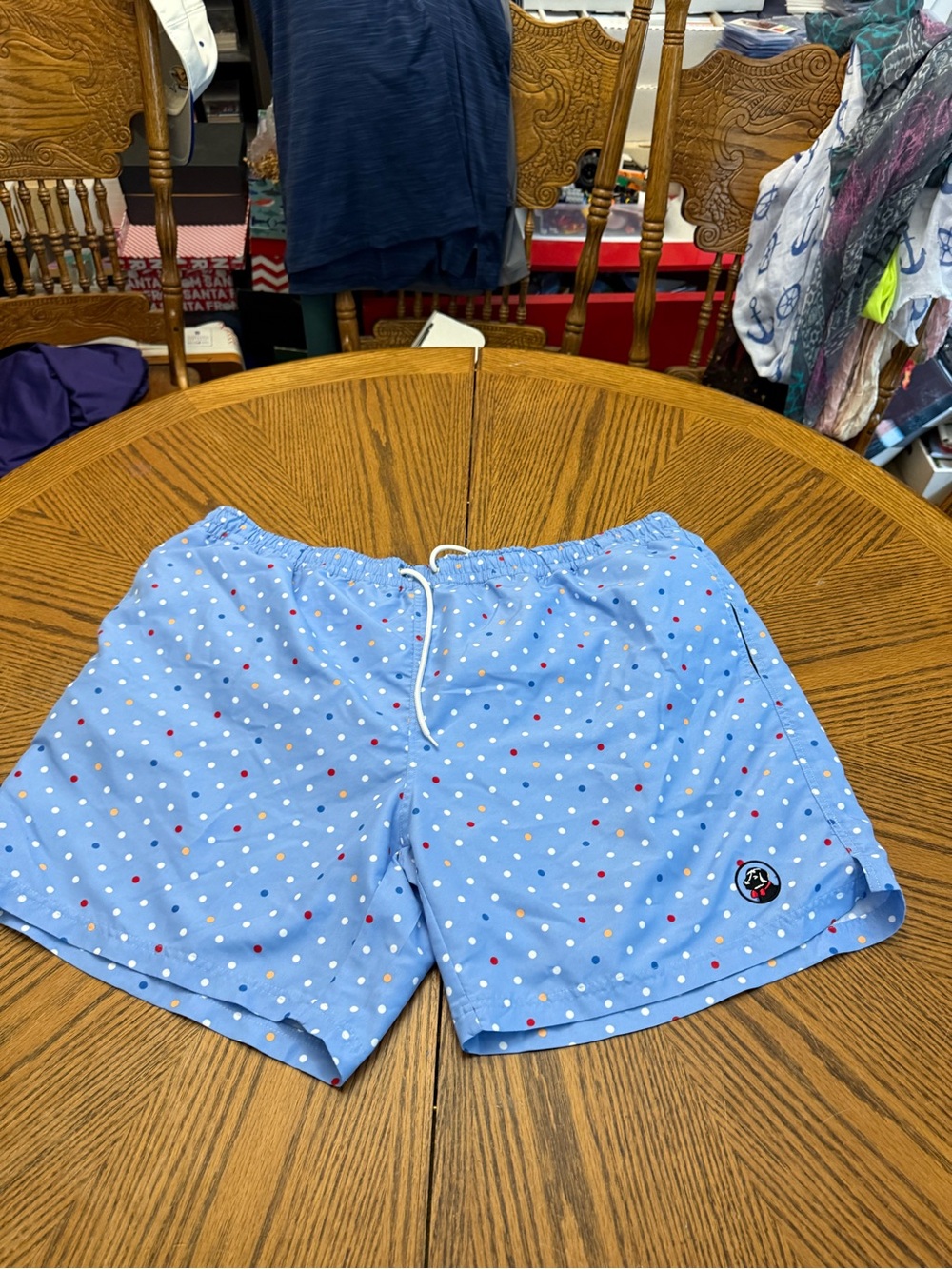 Southern Proper Light Blue Polka Dot Swim Shorts with Red & White Dots